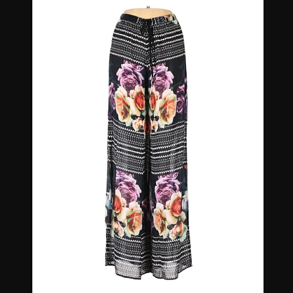 Artelier Nicole Miller Pants XS P Sheer Floral Wide Leg Drawstring Elastic Waist